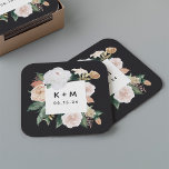 Boho Blooms Modern Blommigt Bröllop Monogram Underlägg Papper Kvadrat<br><div class="desc">Boho chic bröllop underläggs har en kvadratisk vattenfärg gräns av sage grönt botaniskt blad och jordade färgtoner i persiko-,  elfenben- och vita nyanser som formar initialer eller monogram och händelsemedatum i modern skrift. Designad att samordna med vår Boho Blooms bröllop och händelseinsamling.</div>
