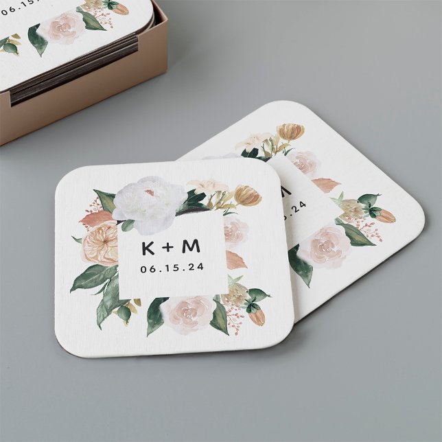Boho Blooms Modern Blommigt Bröllop Monogram Underlägg Papper Kvadrat (Skapare uppladdad)