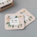 Boho Blooms Modern Blommigt Bröllop Monogram Underlägg Papper Kvadrat<br><div class="desc">Boho chic bröllop underläggs har en kvadratisk vattenfärg gräns av sage grönt botaniskt blad och jordade färgtoner i persiko-,  elfenben- och vita nyanser som formar initialer eller monogram och händelsemedatum i modern skrift. Designad att samordna med vår Boho Blooms bröllop och händelseinsamling.</div>