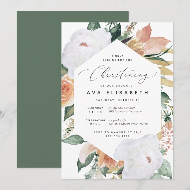 Boho Blooms | Modern Blommigt Christening Inbjudningar (Fram/baksida)