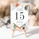 Boho Blooms | Modern Blommigt Personlig Bordsnummer<br><div class="desc">Boho chic blommigt-kort har en diamantformad gräns av sage grönt vattenfärgsblad och blommor i mjuka ökeninspirerade nyanser av persika, elfenben och vitt, som sätter bordsnumret i rik träkol. Anpassa med namn och bröllop-datum, eller namn varje bord för en personlig beröring för extra. Utformningen upprepas på baksidan. Samordnar med vår Boho...</div>