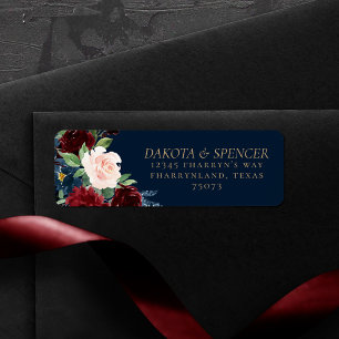 Boho Blooms Mörk marinblå och burgunderfärgad ad Returadress Etikett