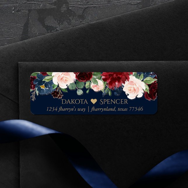 Boho Blooms | Mörk Navy Blue och Burgundy Adress Returadress Etikett (Skapare uppladdad)
