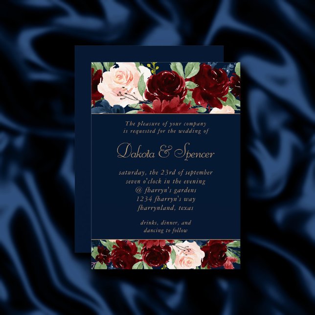 Boho Blooms | Mörk Navy Blue och Burgundy Garland Inbjudningar (Skapare uppladdad)