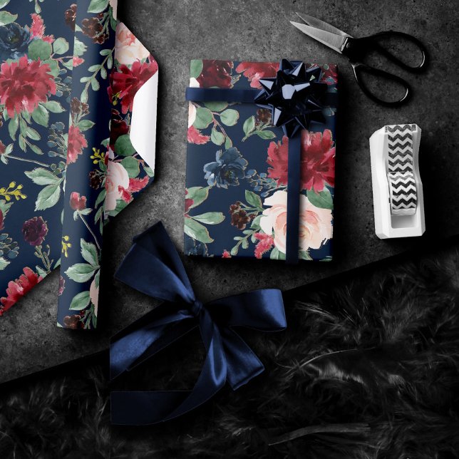 Boho Blooms | Mörk Navy Blue och Burgundy Mönster Presentpapper (Skapare uppladdad)