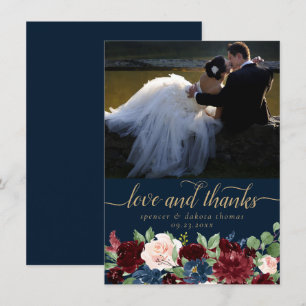 Boho Blooms Mörk Navy och Red Photo Kärlek och Tack Kort