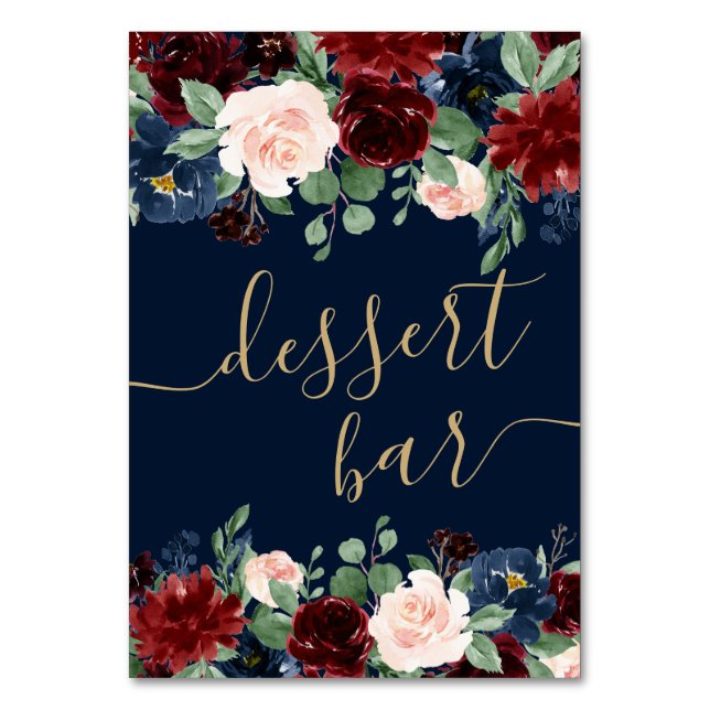 Boho Blooms | Mörk Rustic Navy och Red Dessert Pub Bordsnummer (Framsidan)