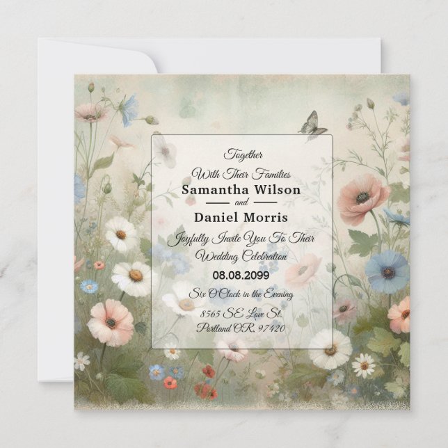Boho Blooms och Vintage Vows Bröllop Inbjudningar (Framsida)