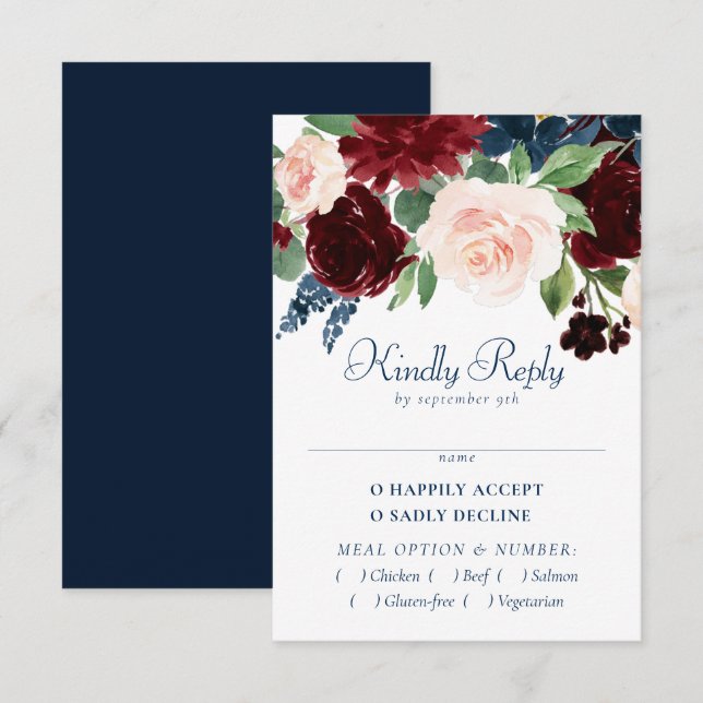 Boho Blooms | Rustic Navy Blue och Burgundy Entree OSA Kort (Fram/baksida)