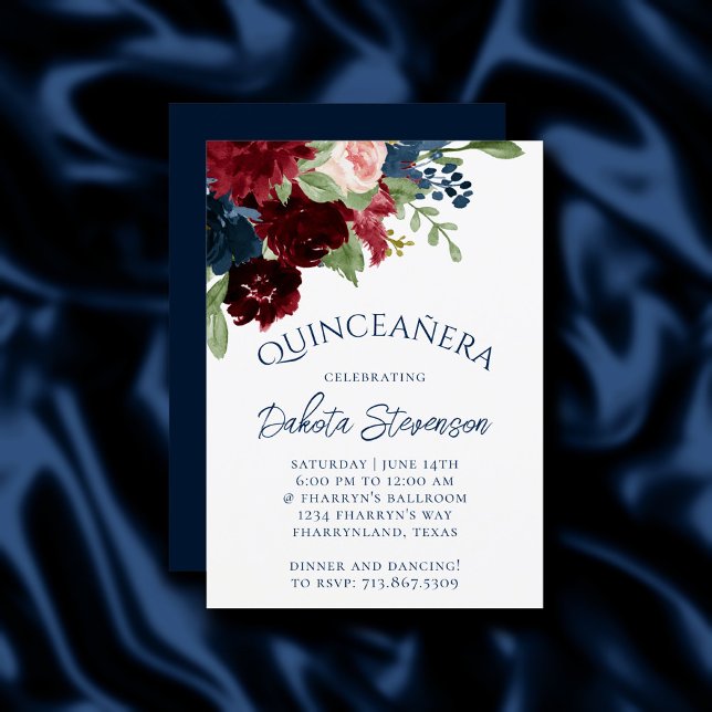Boho Blooms | Rustic Navy och Burgundy Birthday Inbjudningar (Skapare uppladdad)