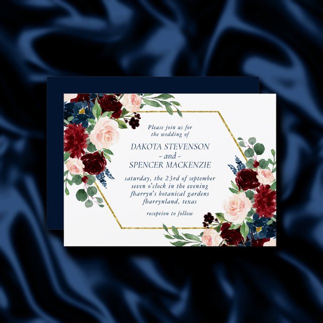 Boho Blooms | Rustic Navy och Burgundy Bouquet Inbjudningar (Skapare uppladdad)