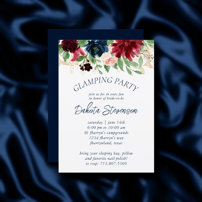 Boho Blooms | Rustic Navy och Burgundy Glamping Inbjudningar (Skapare uppladdad)