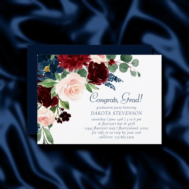 Boho Blooms | Rustic Navy och Burgundy Studenten Inbjudningar (Skapare uppladdad)