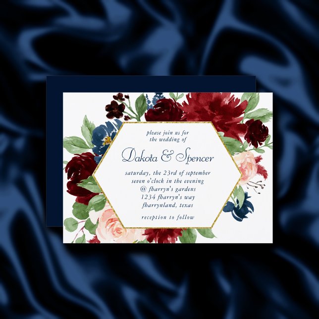 Boho Blooms | Rustik marin blå och burgundisk ande Inbjudningar (Skapare uppladdad)