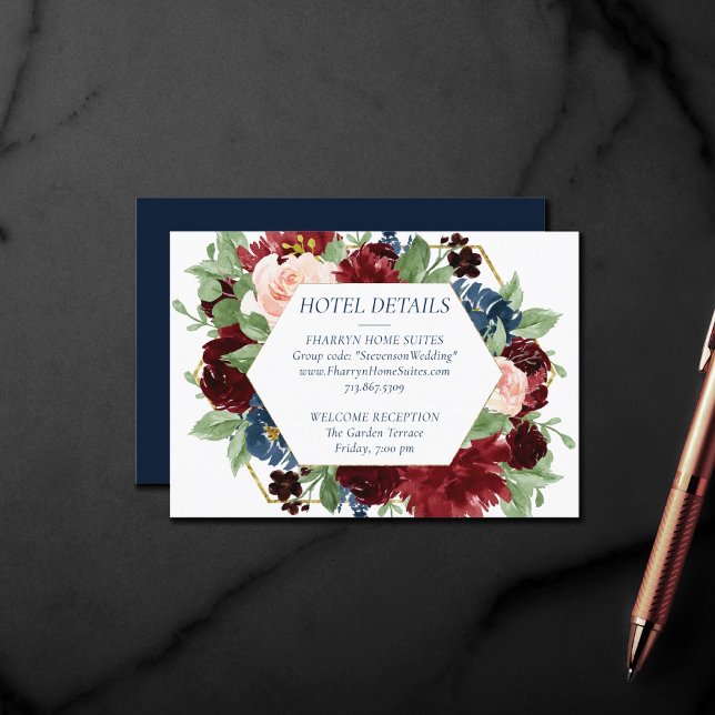 Boho Blooms | Rustik Navy och Burgundy Hotel Info Tilläggskort (Skapare uppladdad)