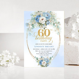 Boho Blue and gold peony floral chic 60th birthday Inbjudningar