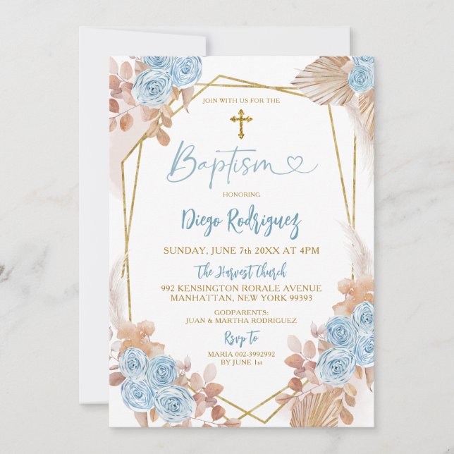 Boho Blue and Guld Blommigt Baptism-inbjudan Inbjudningar (Framsida)