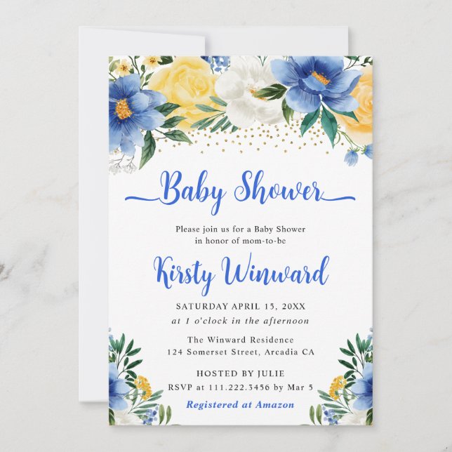 Boho Blue and Gult Summer Flowers Baby Shower Inbjudningar (Framsida)
