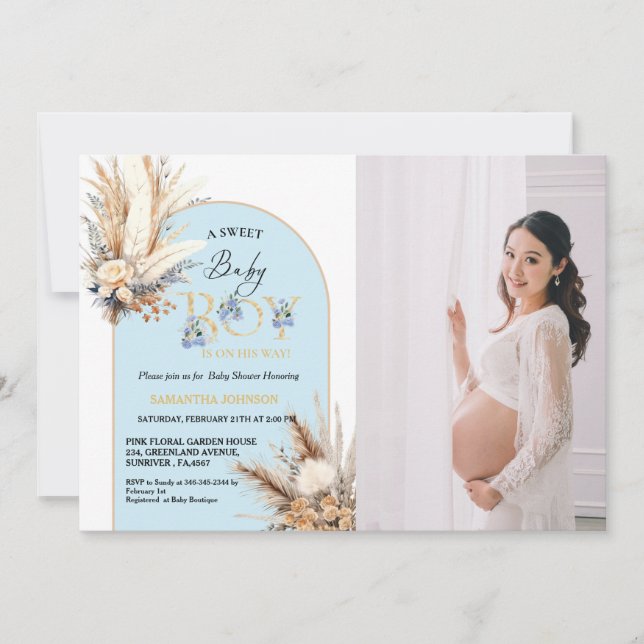 Boho Blue Arch Pampas Grass Pojke Baby Shower Inbjudningar (Framsida)