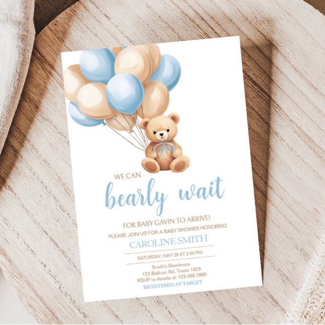 Boho Blue Balloon Bear Baby Shower Inbjudningar (We Can Bearly Wait Boy Baby Shower Invitation)