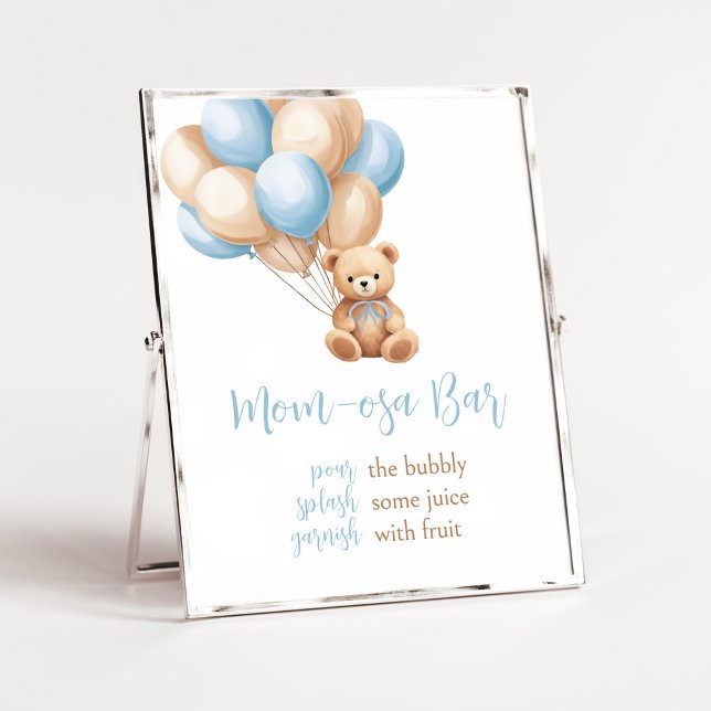 Boho Blue Balloon Bear Baby Shower Mamma Osa Pub Poster (We Can Bearly Wait Boy Baby Shower Mom Osa Bar Sign)