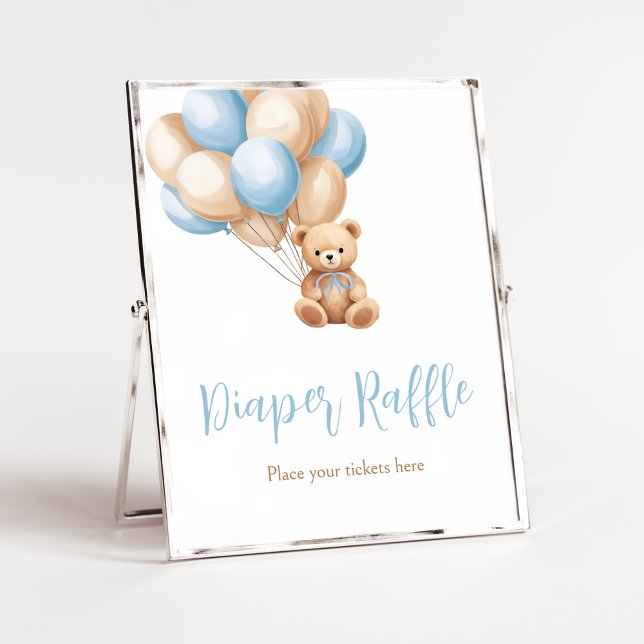 Boho Blue Balloon Bear Baby Shower Raffle Poster (We Can Bearly Wait Boy Baby Shower Diaper Raffle Sign)