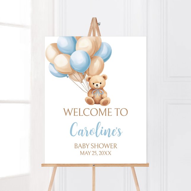Boho Blue Balloon Bear Baby Shower Välkommen Poster (We Can Bearly Wait Boy Baby Shower Welcome Sign)