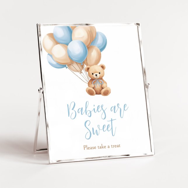 Boho Blue Balloon Bear Baby Spädbarn är Sweet Poster (We Can Bearly Wait Boy Baby Shower Babies are Sweet Sign)