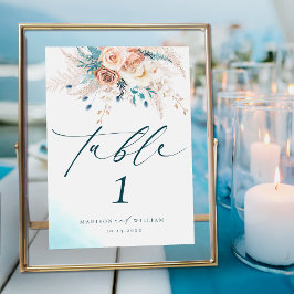Boho Blue Beach Blommigt Bröllop Bordsnummer
