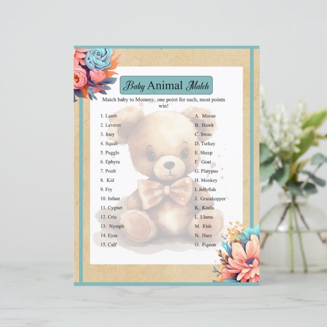 Boho Blue Bear Baby Shower Animal Match Game (Stående Fram)