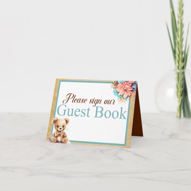 Boho Blue Bear Baby Shower Guest Bok Bord Card Kort (Framsida)