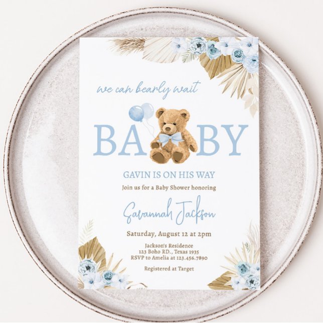 Boho Blue Bear Baby Shower Inbjudningar (Blue Pampas Grass Teddy Bear Baby Shower Invitation)