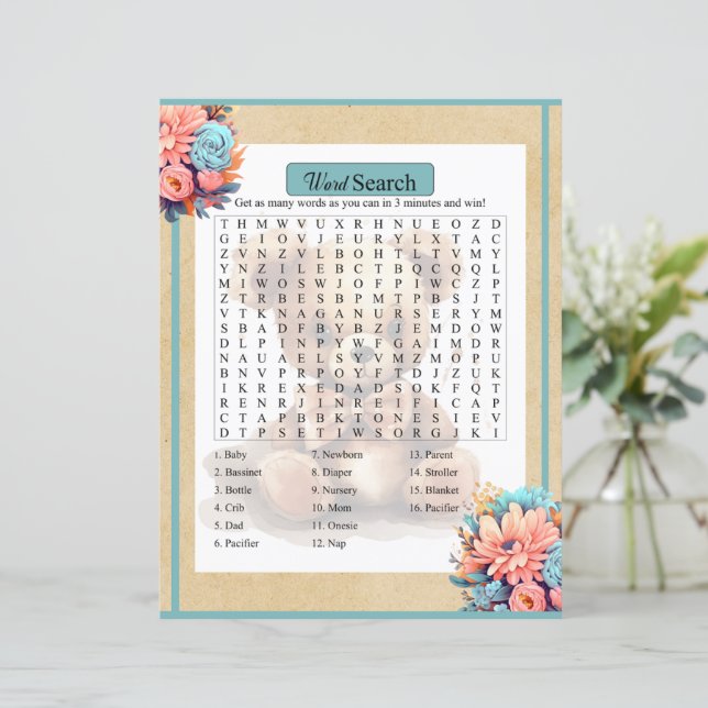 Boho Blue Bear Baby Shower Ord Search Game (Stående Fram)