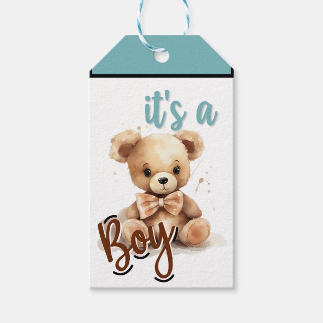 Boho Blue Bear Baby Shower Presentetikett (Framsidan)