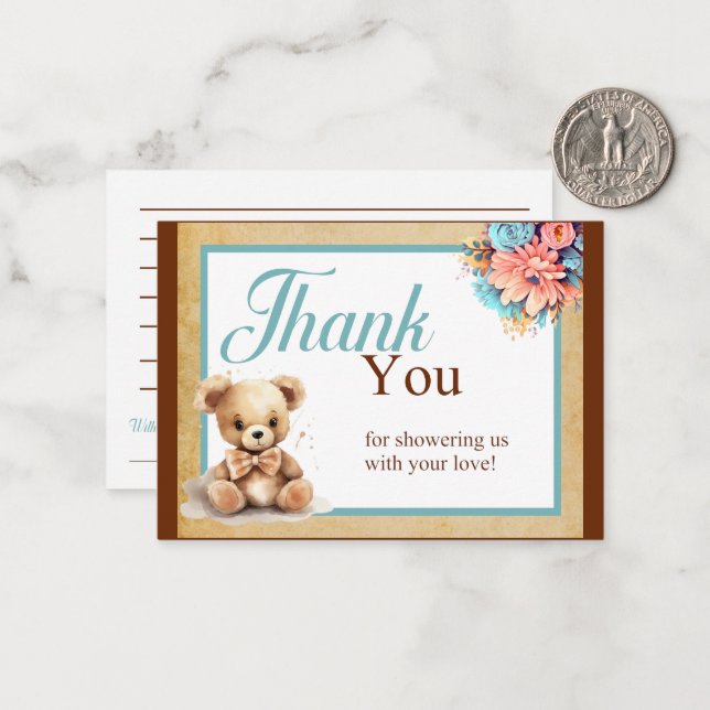 Boho Blue Bear Baby Shower Tack Anteckningskort (Fram/Back In Situ)