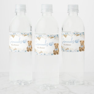 Boho Blue Bear Baby Shower Vattenflaskor Etikett