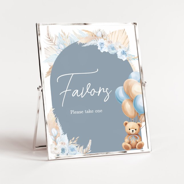 Boho Blue Bear Balloon Baby Shower-favoriter Poster (Sage Blue Balloons Baby Shower Favors Sign)