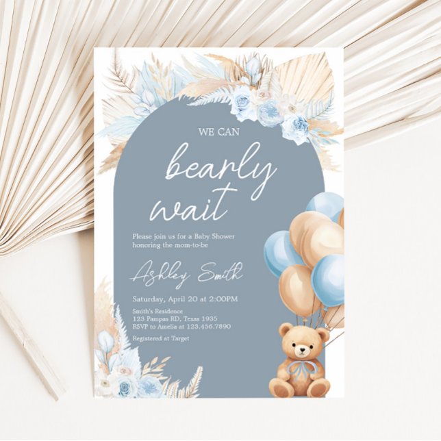 Boho Blue Bear Balloon Baby Shower Inbjudningar (Sage Blue Balloons Baby Shower Invitation)