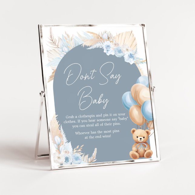Boho Blue Bear Balloon Baby Shower Säg inte Baby Poster (Sage Blue Balloons Baby Shower Don't Say Baby Sign)