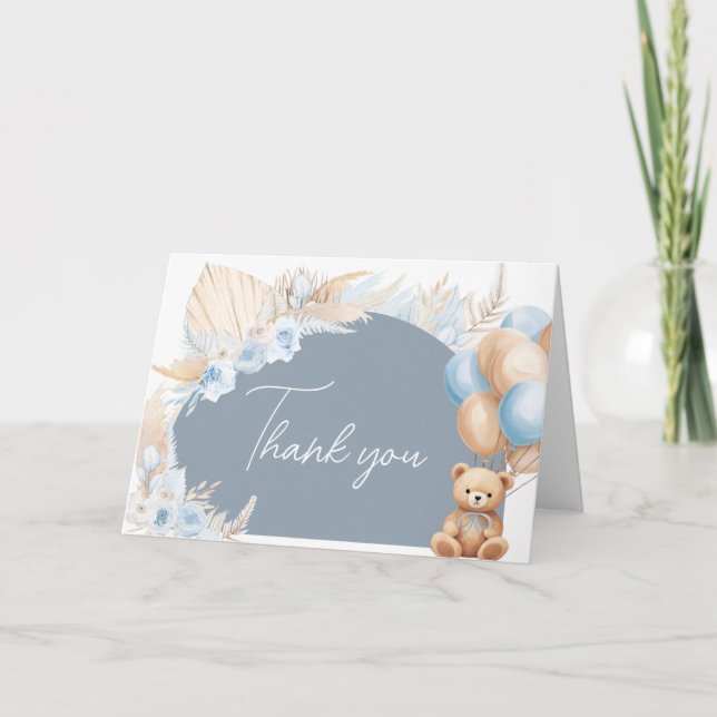 Boho Blue Bear Balloon Baby Shower Tack Kort (Framsida)