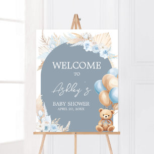 Boho Blue Bear Balloon Baby Shower Välkommen Poster