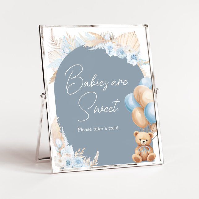 Boho Blue Bear Balloon Spädbarn är Sweet Poster (Sage Blue Balloons Baby Shower Babies are Sweet Sign)