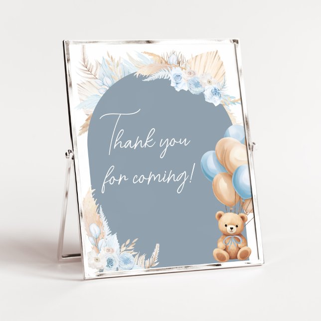 Boho Blue Bear Balloon Tack för att du kom Poster (Sage Blue Balloons Baby Shower Thank you for Coming Sign)