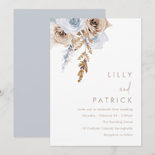 Boho Blue & Beige Flowers Modern Bröllop Inbjudningar