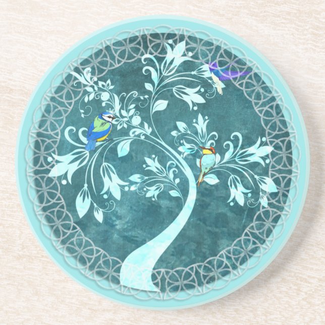 Boho Blue Birds Träd Beverage Coaster Underlägg (Framsidan)