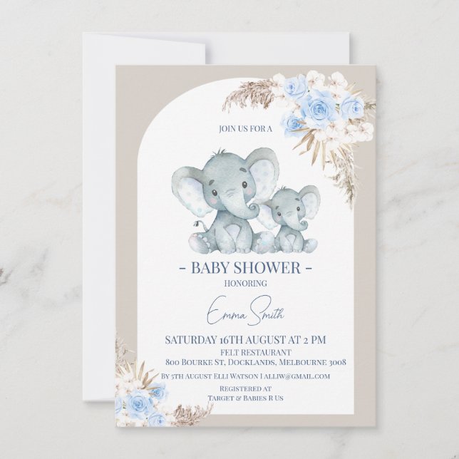 Boho Blue Blommigt Arch Elephant Baby Shower Inbjudningar (Framsida)