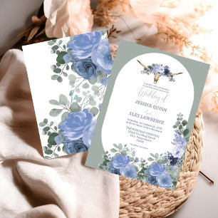 Boho Blue Blommigt Boots Cowboy Westernare Bröllop Inbjudningar