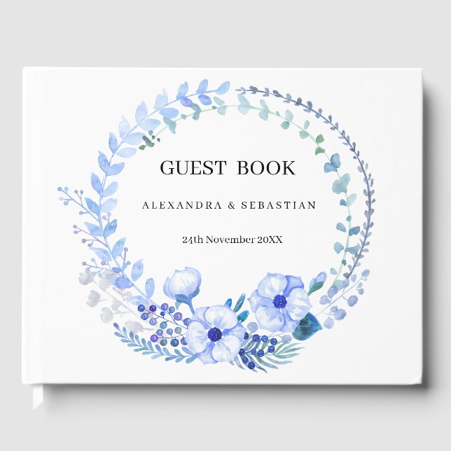 Boho Blue Blommigt Bröllop Guest Bok (Framsida)