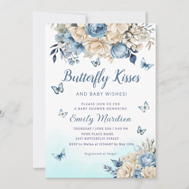 Boho Blue Blommigt Butterfly Kisses Girl Baby Show Inbjudningar (Framsida)