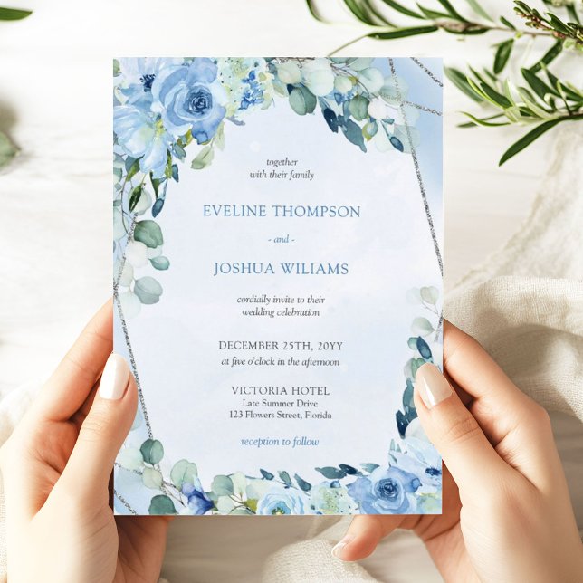 Boho blue blommigt eucalyptus och silver bröllop inbjudningar (Winter blue flowers mixed eucalyptus greenery and silver glitter frame wedding invitation digital)